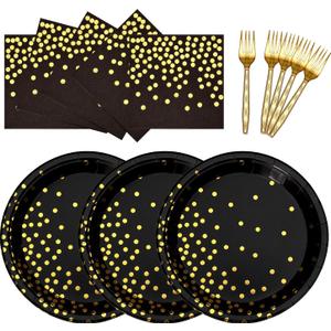 Serve 25 Guests Gold Paper Plates and Napkins Party Supplies,7 Inch Paper Plates Disposable for Bridal Showers Birthday Wedding (Black Gold)