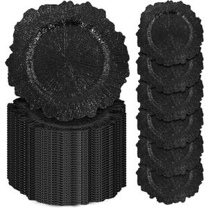 50 Pcs Black Charger Plates Bulk, 13" Reef Plate Chargers for Dinner Plates, Plastic Floral Decorative Plates for Table Setting, Round Table Chargers for Wedding, Christmas, Party, Event, Decoration