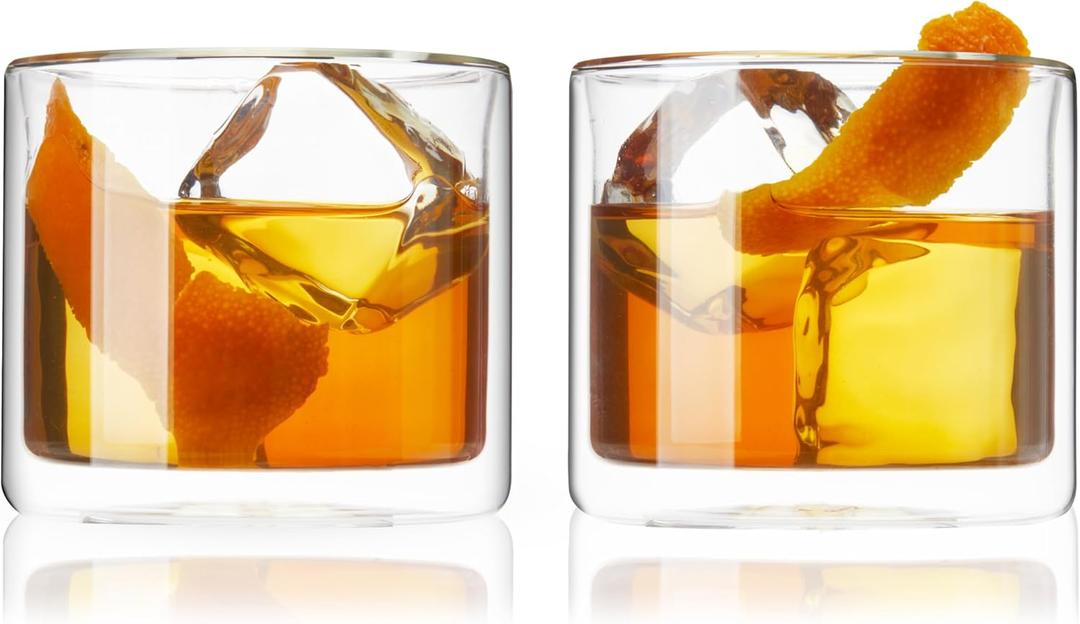 Viski Double Walled Old Fashioned Glasses - Insulated Borosilicate Glass Tumblers - Glass Cups for Bourbon, Whiskey, Scotch, Brandy, and Cocktails - 7 oz, Set of 2