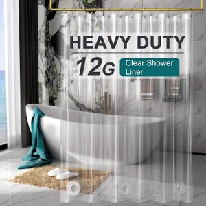 AmazerBath Heavy Duty Shower Curtain Liner 12 Gauge, 72 x 84 Inches Clear Shower Curtain Liner with 3 Clear Stones and 12 Grommet Holes, Weighted Plastic Shower Liner