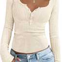 BTFBM Fall Sweaters for Women 2025 Lightweight Long Sleeve Henley Shirts Button Up Knit Basic Slim Fit Going Out Tops (L)
