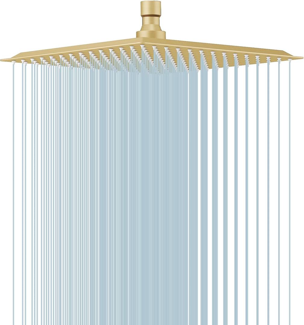 BESy 10 Inch Rain Shower Head, 10" Square Rainfall & High Pressure Stainless Steel Bath Showerhead, 1/16" Ultra Thin, Waterfall Full Body Coverage with Silicone Nozzle, Brushed Gold