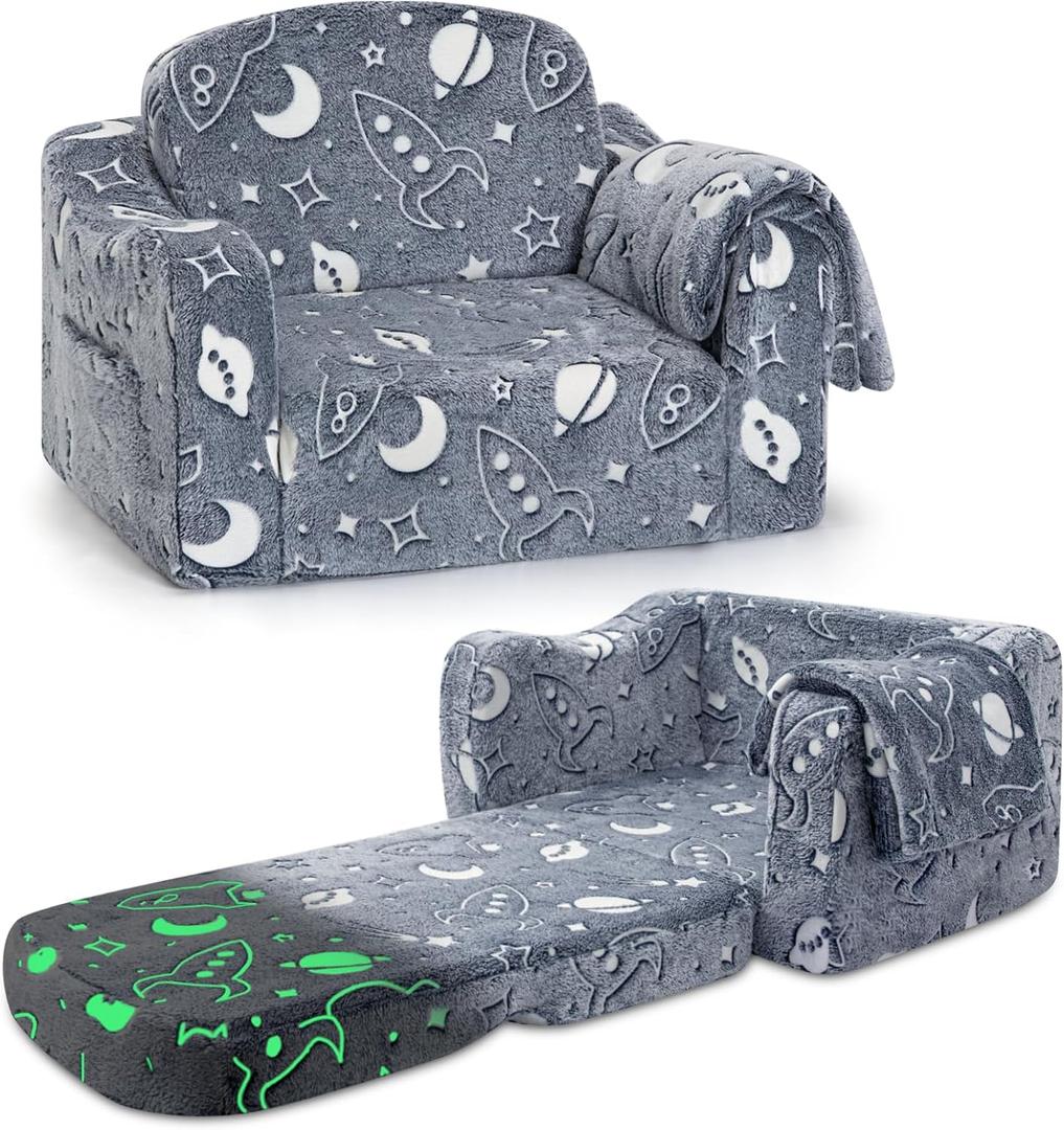 Comfy Toddler Couch and Chair for Kids with Blanket, 2-in-1 Soft Plush Fold Out Kids Sofa Chairs for Girls and Boys, Convertible Sofa to Lounger for Playroom, Glowing Starry Sky (Blue)