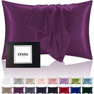 INSSL Mulberry Silk Pillowcase for Hair and Skin Health, Natural Silk Pillow Cover with Hidden Zipper Both Side Silk1 pcs (Dark Purple, Standard 20"x26")