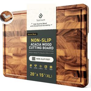 Large End Grain Cutting Board for Kitchen with Non-slip Feet, Acacia Wood, 20"L x 15"W