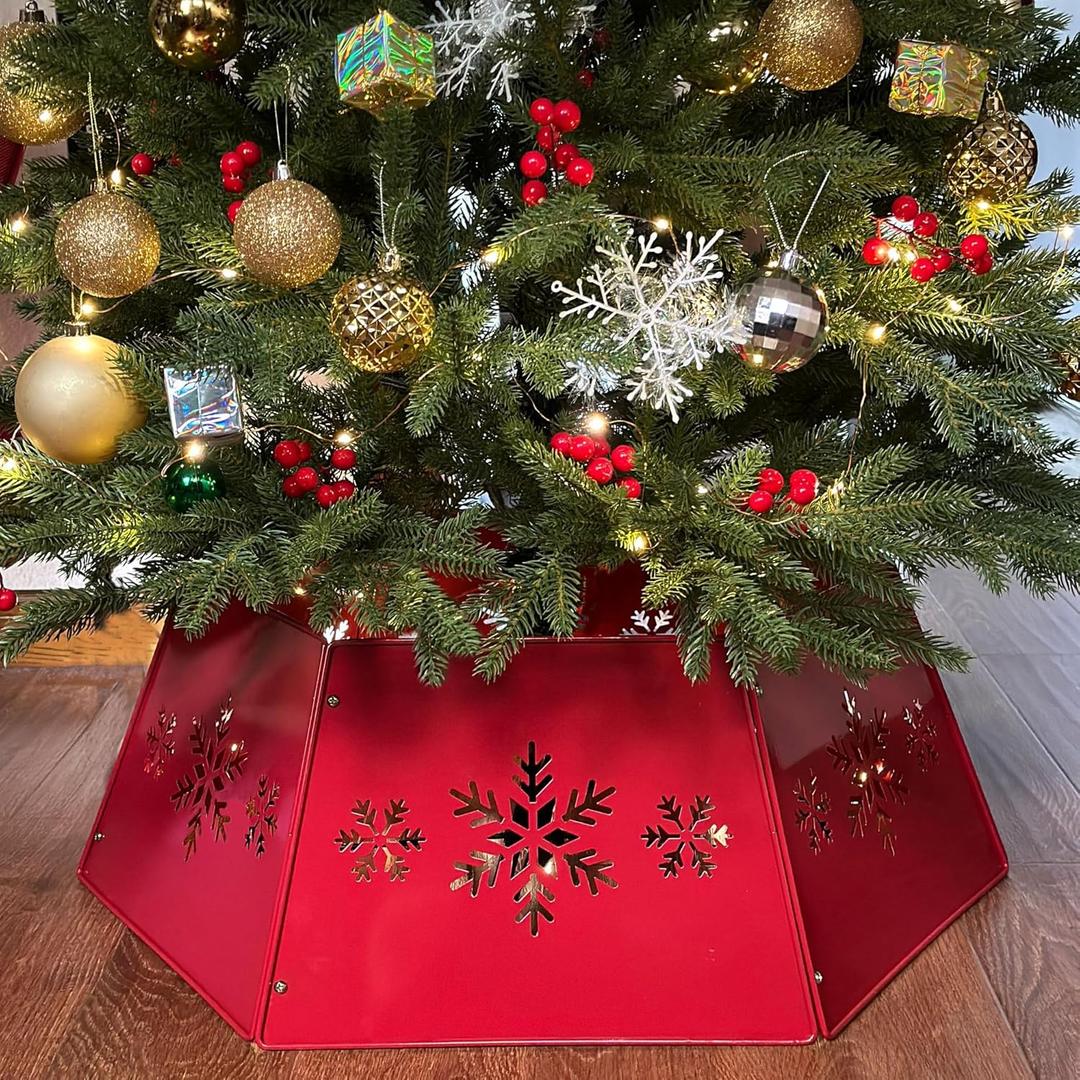 28" Christmas Tree Collar for Pencil Tree, Metal Tree Collar with Hollow-Out Snowflake Design, Pet-Proof Christmas Tree Collars for Artificial Trees, Secure & Reusable Holiday Decor (Red)