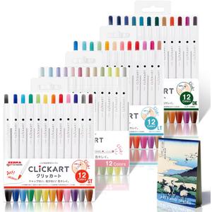 Zebra Clickart Retractable Marker Pens 48 Colors Complete Set, 4 Unique 12-Color Sets Included, Water-Based Ink, Smooth Writing, Ideal for Note-Taking and Artwork with Ukiyo-e sticky notes