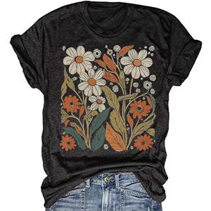 Women's Vintage Floral T Shirt Boho Wildflower Graphic Loose Tees Short Sleeve Casual Tops (X-Large, Dark Grey)