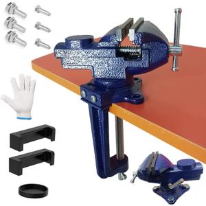 2-in-1 Dual-Purpose Combined Bench Vise or Table Vise, With end-point locking device, Portable Universal Rotate 360 Work Clamp-On Vise, 2.5" Blue