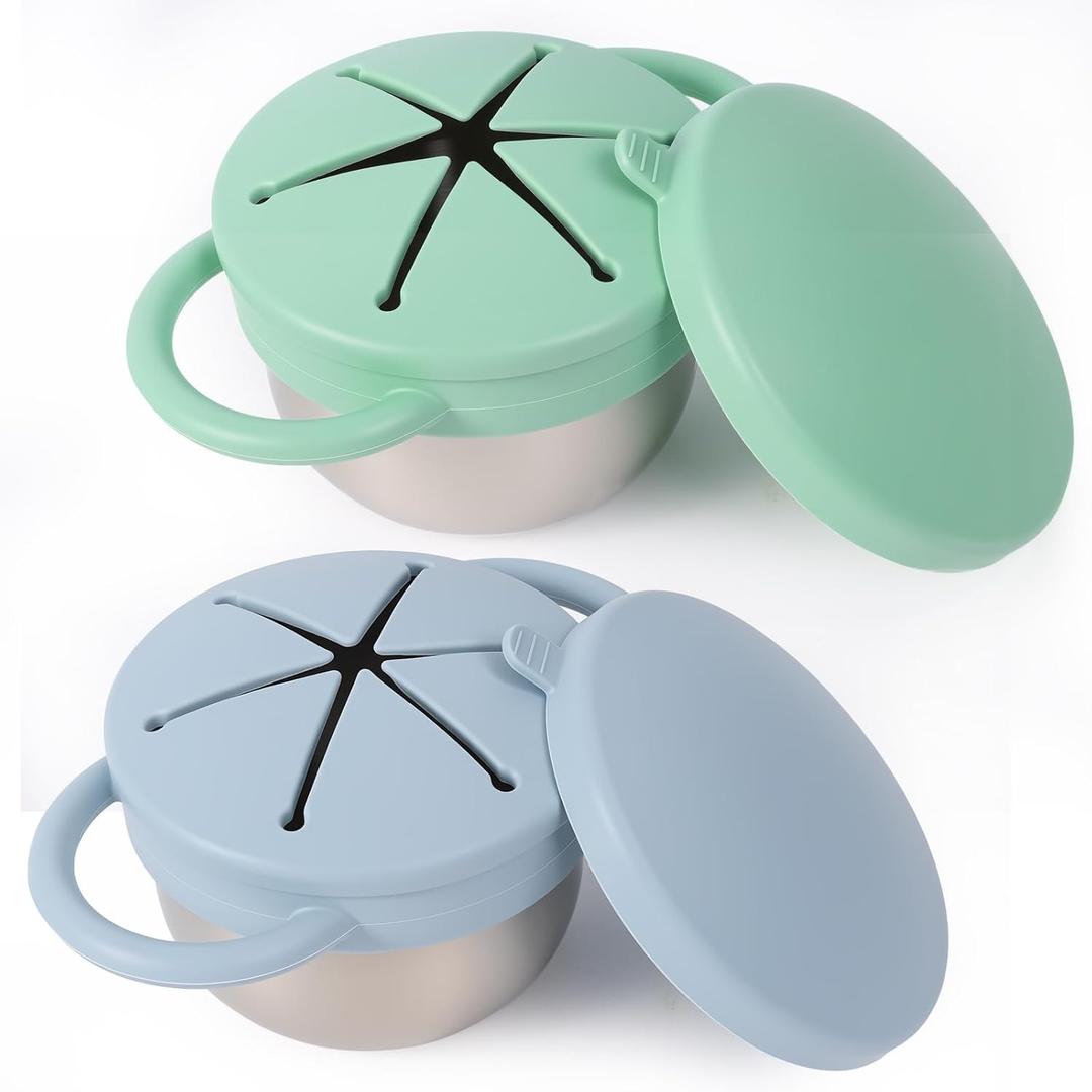 2 Pack Stainless Steel Spill Proof Snack Cup for Baby Toddlers Kids, with Silicone Food Catcher, Travel Lid, Spill-Proof Bowl Containers, Toddlers Essentials, Non Toxic BPA Free (Light Blue and Green)