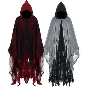 Geyoga 2 Pcs Halloween Horror Grim Reaper Costume Scary Cloak Medieval Renaissance Gothic Wizard Robe Men Women Hooded Cape (Large, Black, Red)