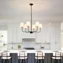 Farmhouse Chandelier 6 Light 31.5", Black Chandelier Modern Dining Room Light Fixtures over Table Island Lighting Fixture with Linen Fabric Shades for Kitchen Living Room Foyer Entryway Bedroom