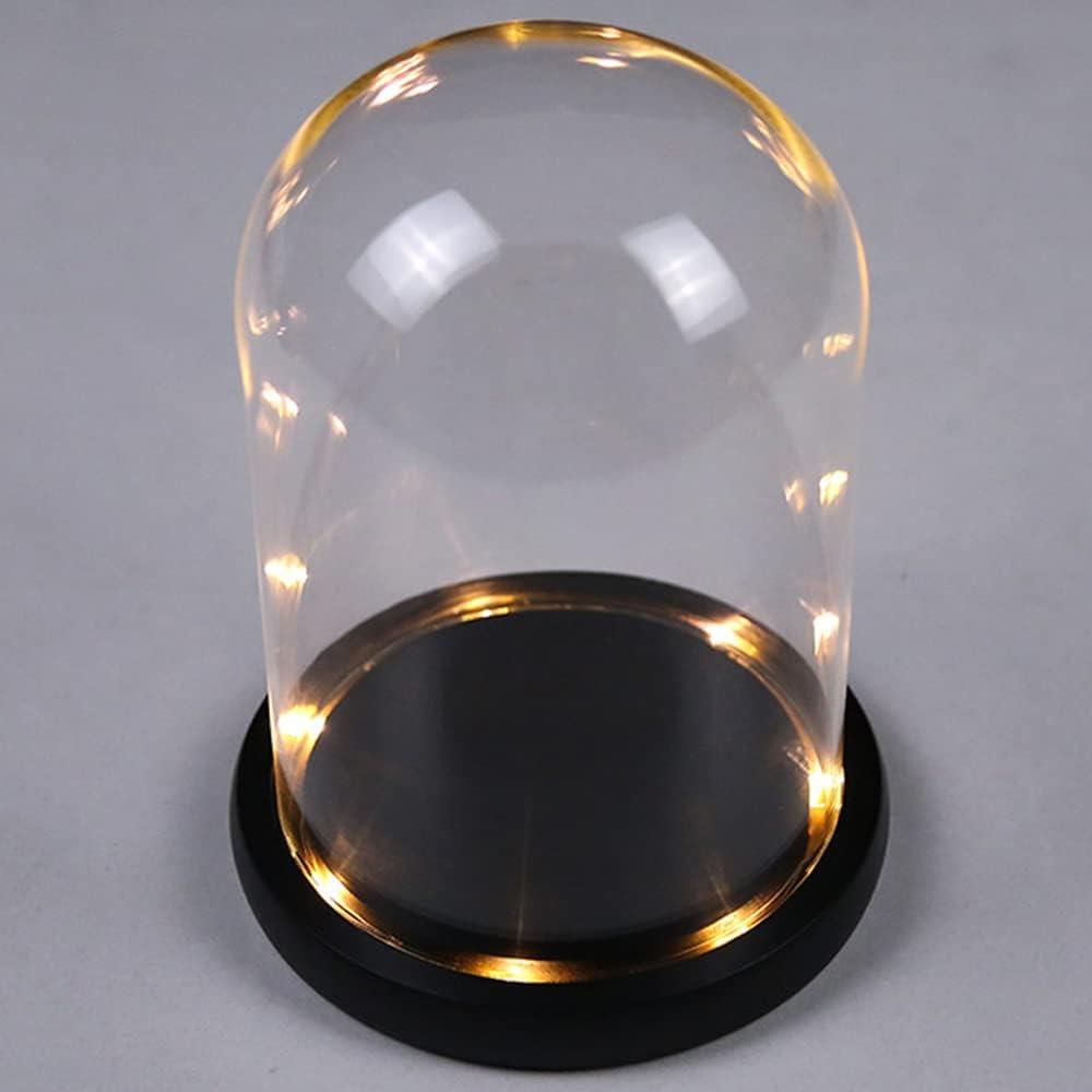 DuvinDD Glass Dome Cloche with LED Light Base Countertop Small Bell Jar Display Dome Clear Glass Display Case Deco, 4.33" D X 4.7" H, Valentines Day Gifts