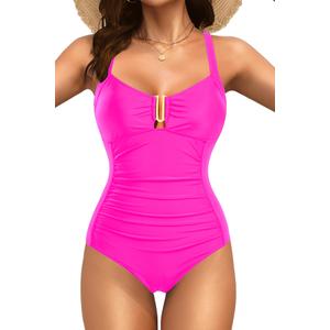 Daci Neon Pink Women Tummy Control One Piece Swimsuit - Ruched Bathing Suit Full Coverage Slimming V Wired Swimwear 2025 M (Pink)