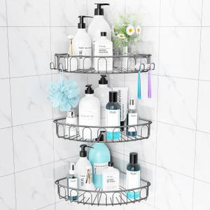 Orimade Corner Shower Caddy Stainless Steel with Hooks Wall Mounted Bathroom Shelf Storage Organizer Adhesive No Drilling 3 Pack, Grey Only for 90-Degree Corner