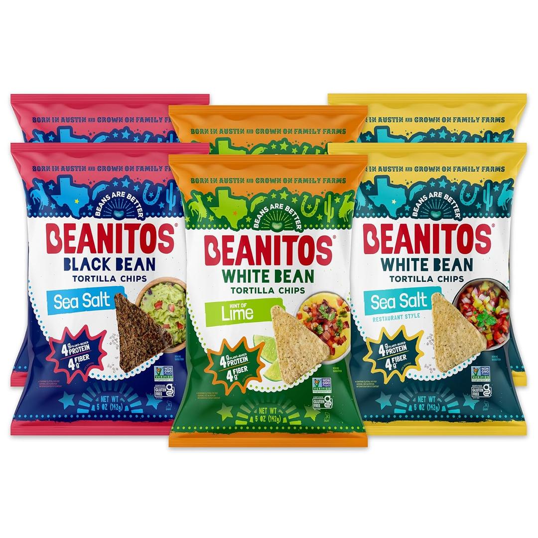 Beanitos Bean Chips - Variety Pack - (6 Pack) 5 oz Bag - White Bean Tortilla Chips and Black Bean Tortilla Chips - Vegan Snack with Good Source of Plant Protein and Fiber, BBD Not Found
