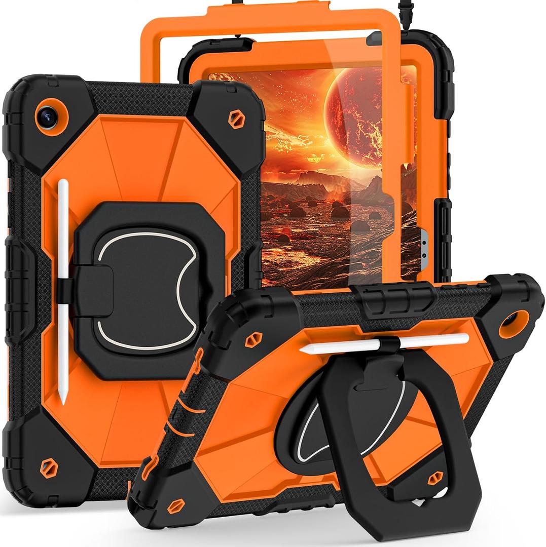 Case for Galaxy Tab A11 Plus/A9 Plus 11 Inch Heavy Duty Cases for Samsung Galaxy A11+/A9+ Tablet Case with Screen Protector 360 Rotating Stand Shoulder Strap Pen Holder,Black Orange