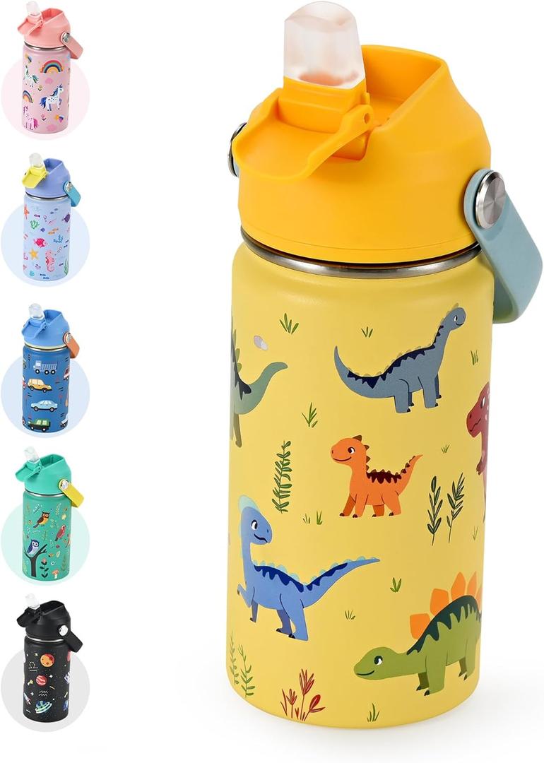 Kids Water Bottle 14oz with Silicone Straw Lid - Insulated Toddler Water Bottle Stainless Steel Keeps Cold 24H, Leak Proof & Dinosaur Prints Design | Custom Name Tag for School, Daycare, Travel