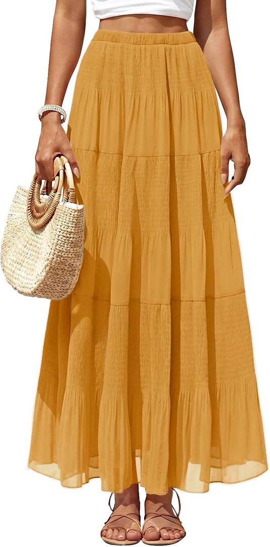 Women's Chiffon Pleated Maxi Skirt Elastic High Waisted Boho A-Line Fall Flowy White Long Skirts with Lining (Yellow, M)