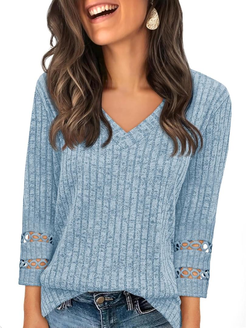 Tankaneo Womens 3/4 Length Sleeve Lace Tops V Neck Dressy Casual T-Shirt 2025 Ribbed Fall Tee Blouse