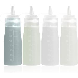 Condiment Squeeze Bottles, 16 oz Silicone Squeeze Bottles For Sauces, Leak Proof Condiment Containers with Extra Interchangeable lid, Easy Squeeze for Oil, Honey & Dressings, BPA FREE (4 Pack) (Grey)