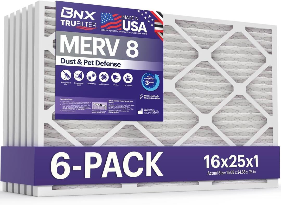 BNX TruFilter 16x25x1 Air Filter MERV 8 (6-Pack) - MADE IN USA  Dust & Pet Defense Electrostatic Pleated Air Conditioner HVAC AC Furnace Filters for Dust, Pet, Mold, Pollen MPR 600  700 & FPR 5