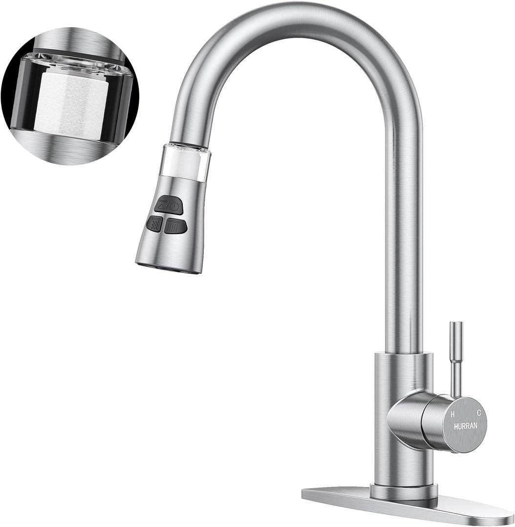 Kitchen Faucet With Pull Down Sprayer, Hurran Brushed Nickel Water Filter Faucets, High Arc Single Handle Kitchen Sink Faucet 1 or 3 Hole, Utility Sink Faucets With Deck Plate For Farmhouse Rv Wet Bar