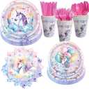 168Pcs Unicorn Birthday Decorations Plates Set, Party Supplies Pastel Rainbow Plates Napkins Cups and Cutlery for 24 Guests (Unicorn - A)