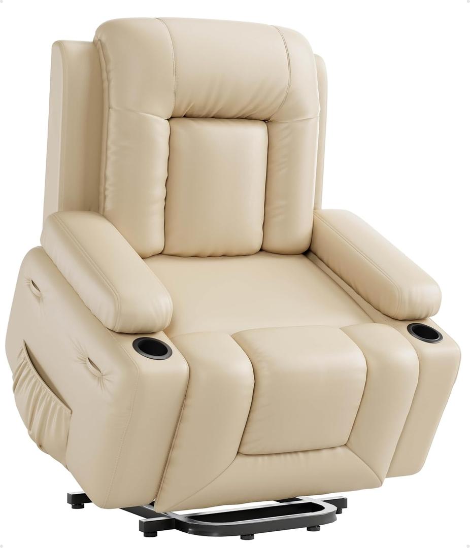GarveeHome Power Lift Recliner Chair - Heat and Massage, Faux PU Electric Lift Recliner for Elderly & Mobility Impaired, Adjustable Back and Legs, Heavy Duty Lift Chair for Seniors (Regular/ Cup Holder, Beige)