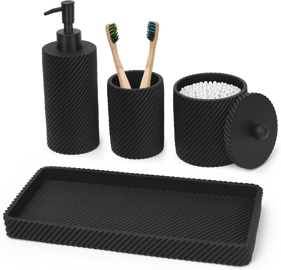 Black Bathroom Accessories Set 4 Pcs - Toothbrush Holder, Lotion Soap Dispenser, Qtip Holder Dispenser, Vanity Tray for Countertop Vanity Organizer, Bathroom Accessory Set