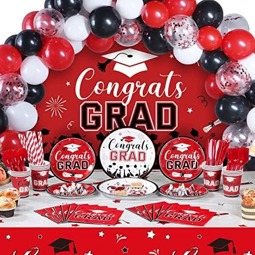 Tatuo 277 Pcs Graduation Decoration Class of 2025 Party Supplies Kit Congrats Balloons Grad Party Disposable Dinnerware Backdrop Tablecloth for High School College Grad Celebration, Serves 24(Red)