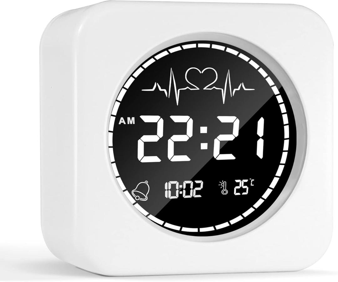 Betus Digital Travel Alarm Bedside Clock- Auto Dimmable Backlight for Distraction-Free Sleep - Silent and Compact Design - Heartbeat Animation Temperature and Snooze Function (Light White)