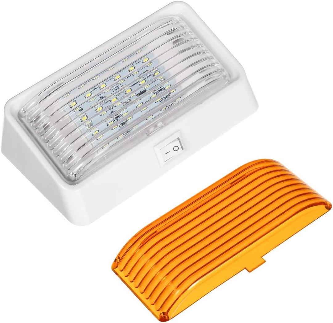 Partsam Rectangle LED Porch Light with On/Off Switch, RV Exterior Utility Light Fixture Cover Replacement for Motorhome Campers, 12V, 5th Wheels, Clear and Amber Lenses Removable (White Base)