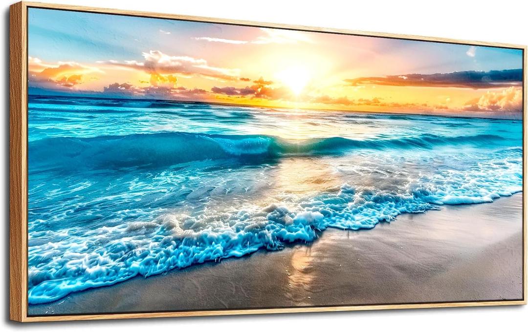MHARTK66 Large Canvas Wall Art - Blue Beach Scenery for Living Room, Bedroom, Modern Office Decor - Wood Framed, Ocean Seascape Wall Pictures (48"L x 24"W)