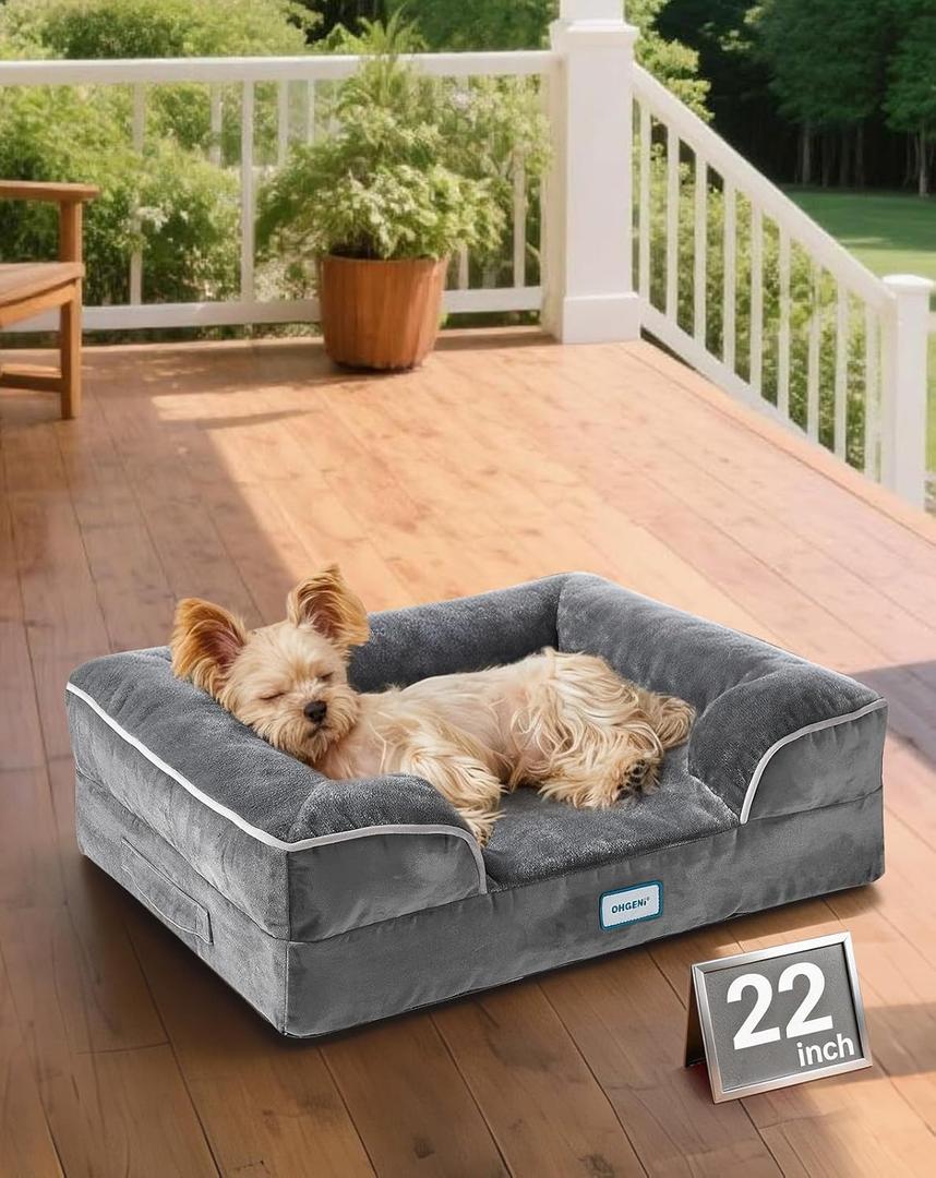 OhGeni Orthopedic Dog Bed Couch Cat Sofa for Small Sized Pets with Memory Foam, Machine-Washable Waterproof Removable Cover, Soft Comfortable Fabric, 22-inch (Gray) (22"x17"x6")