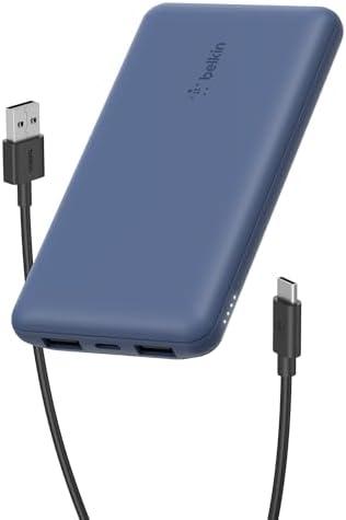 Belkin Portable Charger, USB C Power Bank 10000 mAh w/ 2xUSB-A Ports, 15W w/ Type-C to Type-A Cable for iPhone 16, 15, Plus, Pro, Pro Max, Samsung Galaxy S25, Nintendo Switch 2, iPad & More - Blue