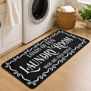 Laundry Room Runner Rug Black Bow Laundry Rug 20 x 47 Inch Non-Slip Farmhouse Floor Mat with Bow Border Washable Comfortable Mat for Bathroom Kitchen Washroom Entryway Decor, 11" x 1'1"