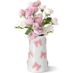 Chunful Embossed Pink Bow Ceramic Vase for Home Decor 7.1 Inch Cute Coquette Gifts for Women Girls Modern Decorative Bouquet Flower White Vases for Living Room Table Decor