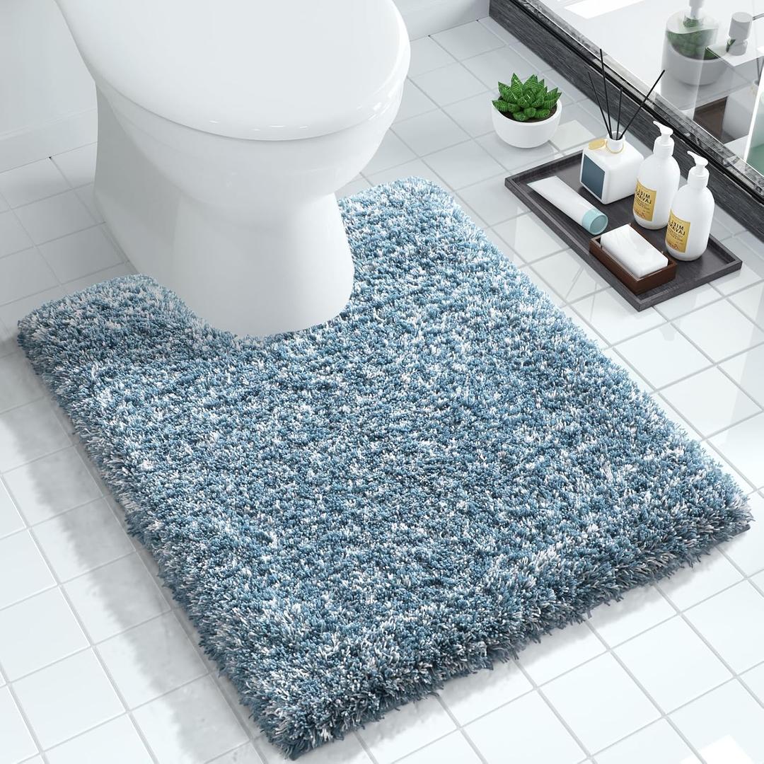 Yimobra Toilet Rugs U Shaped Washable 24"x20", Ultra Soft and Water Absorbent Bath Mats, Non Slip Fluffy Shaggy Luxury Microfiber Contour Bath Rugs for Toilet, Dry Quick, Denim Blue and White
