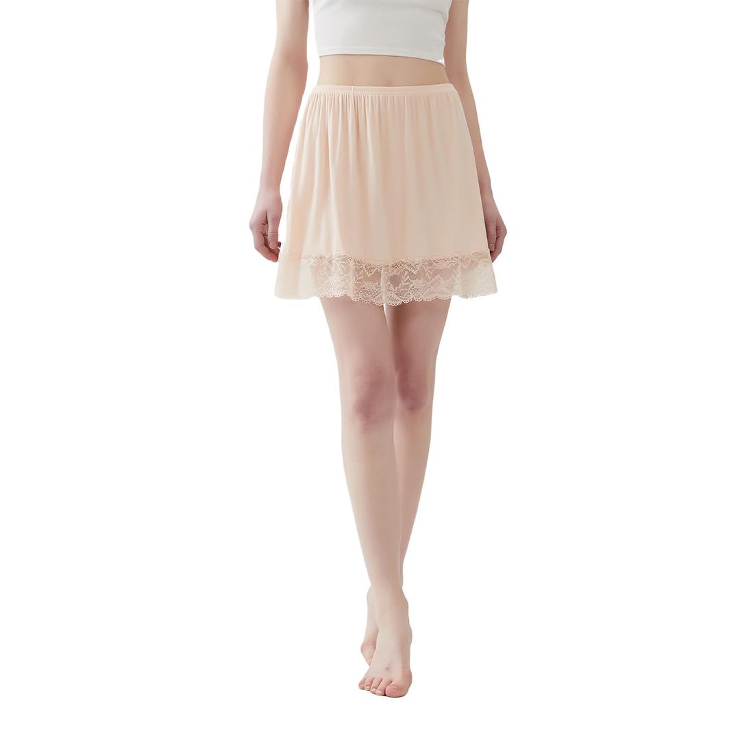 Juephe Lace Slip Underskirt Half Slips for Under Dresses Skirt Extenders Womens Anti StaticOver Knees (Beige, XXL)