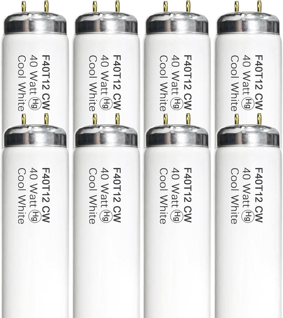 8-Pack F40T12/841 Fluorescent Tube 48 Inches 40 Watt, 4 Foot T12 Light Bulb 4100K Cool White, 3250 Lumens F40T12/CW G13 Bi-Pin Base, Replacement for F40/SP41 F40CW F40SP41/ECO