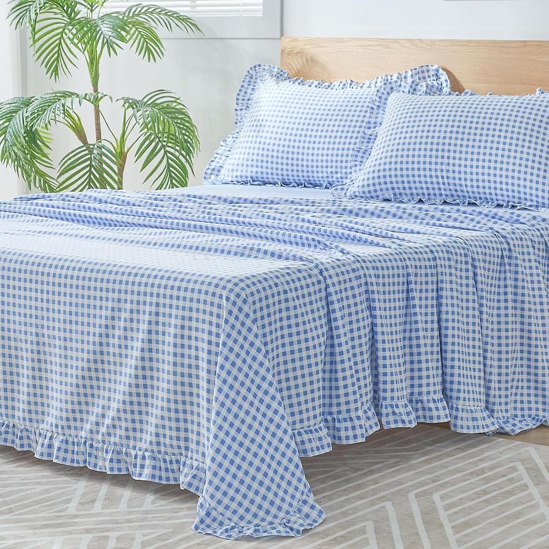 Gingham Queen Sheet Set, Lightweight Super Soft Brushed Microfiber Plaid Bed Sheets with 16" Deep Pocket, 4 Piece Ruffle Farmhouse Bedroom Decor, Blue