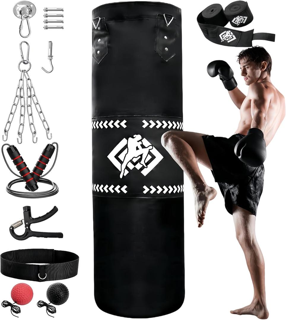 ZOOFOX Punching Bag for Adults, 4 Ft Heavy Bag with Chains and Hand Wraps for Beginners, 5-in-1 Boxing Bag for Kickboxing, MMA, Muay Thai, Karate, Home Gym or Fitness, Unfilled, 16 inches diameter, 47 inches height