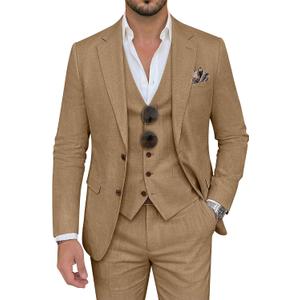 Men's Suit 3 Piece Linen Suits Slim Fit Suit Blazer Vest Pants Set Wedding Prom Tuxedos Business Casual Suit (Beige) Medium