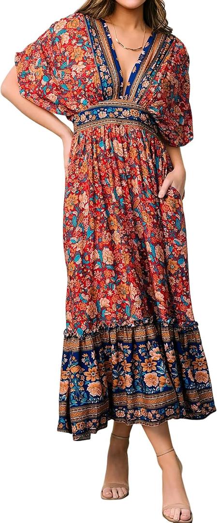 R.Vivimos Women's Summer Boho Floral Print Midi Dress Short Sleeve Deep V Neck Empire Waist Flowy Beach Dress with Pockets (XL, Blue)