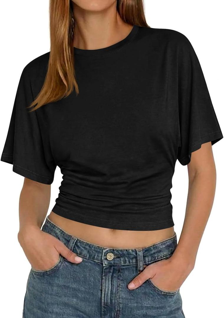 Tankaneo Womens Summer Short Sleeve Crop Tops Cinched Waisted Ruched Top Going Out T Shirts Trendy Casual Basic Tee (Black, M)
