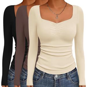 Ekouaer 3 Packs Womens Long Sleeve Tops Sweetheart Neck Fitted Shirts Basic Layering Tee Soft Undershirts Fall Outfits (X-Small, Black / Brown / Beige (3pcs))