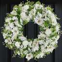 White Faux Silk Flower Spring Summer Easter Wreath 24-26" for Front Door  Anemone Daisy Tagetes Erecta Green Eucalyptus and Fern Leaves  Farmhouse Front Porch Wreath, Outdoor Indoor Use