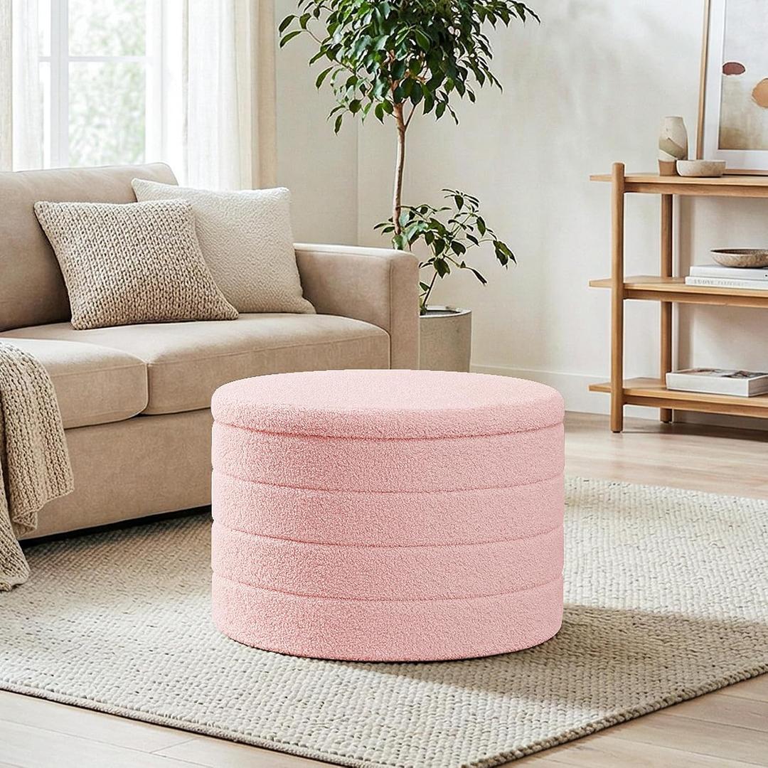 22" Round Storage Ottoman,Boucle Sherpa Ottoman with Tray, Faux Teddy Foot Rest Coffee Table for Bedroom Dorm Living Room,Pink, 22.2"D x 22.2"W x 15.8"H