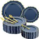 Noemie 300 PCS Premium Navy Blue Hard Plastic Plates Set for 50 Guests,Heavy Duty Disposable Plates for Party Wedding with Gold Silverware-50 Dinner Plates,Dessert Plates,Spoons,Forks,Knives